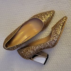 Baoyafang gold glitter block 3" metallic heel pumps pointed toe shoes 8.5 NEW.…